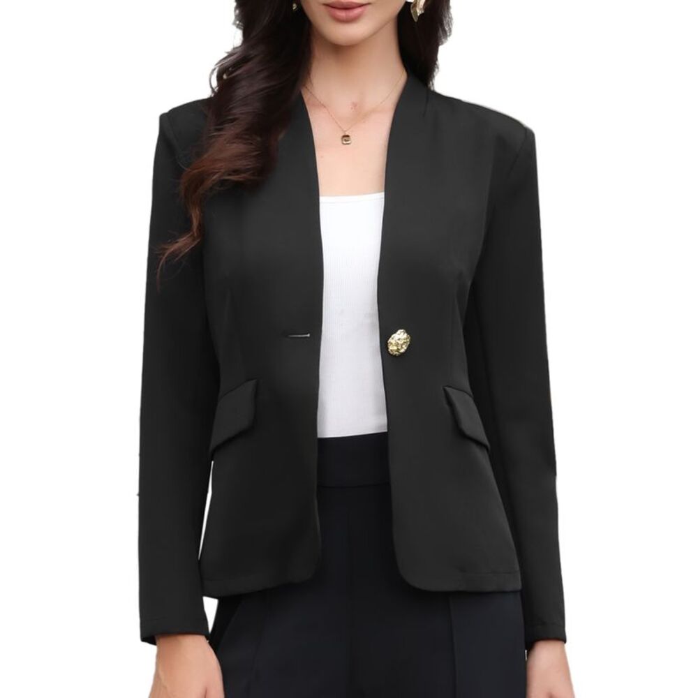 Women Work Office Long Sleeve Collarless Blazers Suit Jackets Black